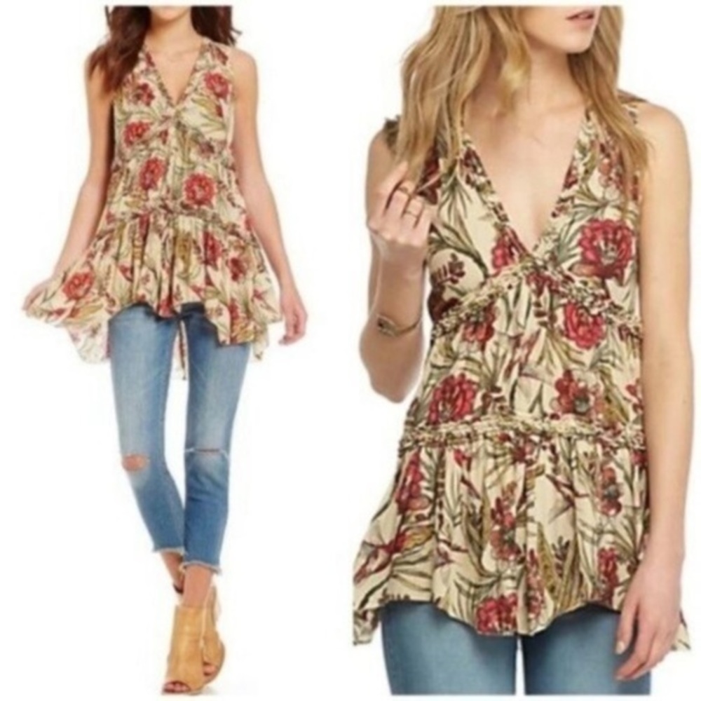 Free People|Purple Haze Floral Printed Tunic Tank Size XS Neutral Hummingbird